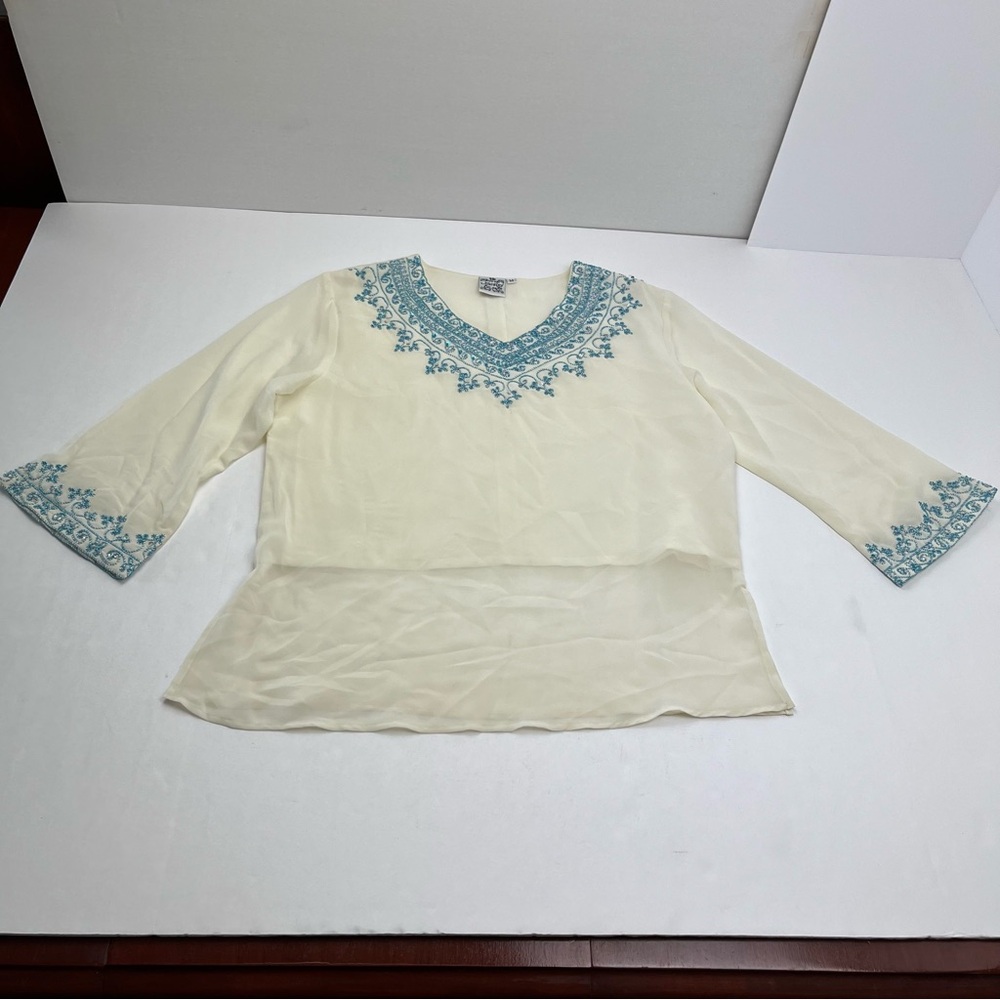 Parsley & Sage Semi Sheer Blouse Top Cream Teal Blue Womens Medium‎ *FLAW* NWOT